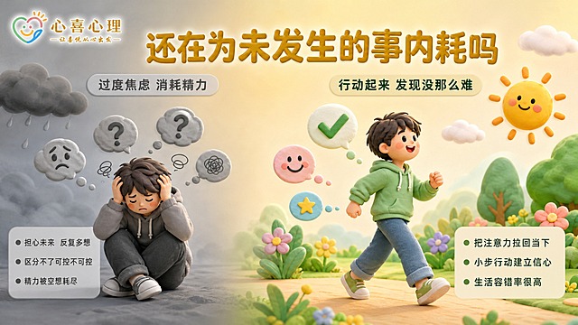 [主图-2] 痛点与目标场景图，核心展示焦虑内耗的状态与行动后的改变对比，激发用户共鸣与兴趣。
[统一基调] 整体风格为温暖治愈的3D卡通黏土质感插画，马卡龙柔和配色，主色调为浅蓝+暖黄+柔粉渐变，标题字为暖金色粗体圆润字体，辅助文字为深灰蓝色，图标为圆润3D风格，卡片为圆角半透明磨砂质感，整体明亮柔和，充满希望感。左上角放置心喜心理彩色心形笑脸Logo和「心喜心理 让喜悦从心出发」品牌字样。
[画面] 画面采用左右对比构图。左侧为灰色调焦虑状态：一个卡通人物抱着头蹲坐在地上，周围漂浮着许多带问号和担忧表情的灰色气泡，背景是灰暗的乌云，人物眉头紧锁，显得很困扰。右侧为暖色调行动后状态：同一个人物站起来微笑着向前走，周围是金色阳光、绿色植物和彩色小花，气泡变成了带对勾和笑脸的彩色气泡。中间有一个渐变的过渡带，从灰到暖黄。人物占画面约30%，左右各一个状态。
[光影质感] 左侧偏冷灰柔光，右侧暖金色明亮自然光，对比明显但过渡自然，3D黏土质感，圆润柔和。
[配色] 左侧灰蓝冷色调，右侧暖黄粉绿暖色调，中间自然过渡，标题暖金色，正文深灰蓝。
[文字版式] 顶部居中大标题「还在为未发生的事内耗吗」，暖金色粗体圆润大字。左侧上方小字「过度焦虑 消耗精力」，灰色字体。右侧上方小字「行动起来 发现没那么难」，深绿色字体。下方左右各有三个小圆点列表：左侧「担心未来 反复多想」「区分不了可控不可控」「精力被空想耗尽」；右侧「把注意力拉回当下」「小步行动建立信心」「生活容错率很高」。文字清晰，不遮挡人物主体。
[输出要求] 比例16:9，文字清晰可读，对比鲜明，人物形象完整。负向：变形、错字、模糊、杂乱、水印、平台Logo、人物面部扭曲、过度压抑负面。