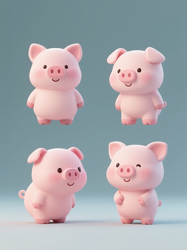 4个不同造型的可爱卡通小猪形象，保持3D立体圆润造型，柔和渐变粉色调，细腻光滑的塑胶质感，明亮的正面光影，简洁的线条和极简设计风格，规整排列在纯色背景上，无文字无logo无水印，整体造型简约现代，每个小猪都有独特的姿态和表情，保持统一的可爱萌系风格和柔和光影效果。