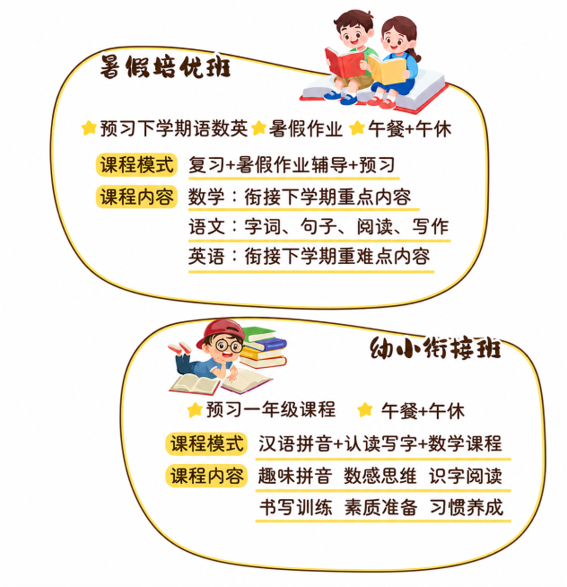 将这张课程宣传图的黄色背景改为纯白色背景，去除所有多余的黄色背景、装饰元素和水印，仅保留两个课程区域（暑假培优班和幼小衔接班）的内容和清晰文字，保持所有文字和图案不变，背景完全为白色预览效果