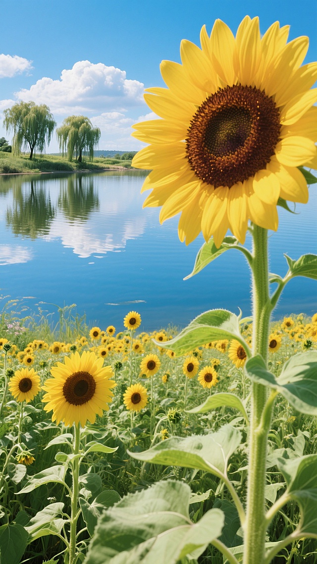 一片向日葵花田，画面中向日葵的花盘饱满，花瓣呈现出明亮的黄色，花盘中心为深棕色，绿色的花茎和叶子挺拔舒展。场景改变为在一个宁静的湖边，湖水清澈见底，倒映着蓝天白云和岸边的向日葵，远处有几棵垂柳随风摇曳，天空湛蓝，飘着几朵白云，阳光明媚，光线充足，营造出一种清新自然、宁静祥和的氛围。