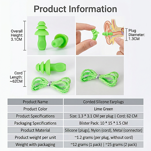 Strictly refer to the product information layout of the second image, use the first image's green wired Christmas tree silicone earplugs product, replace the content, convert all Chinese to English, do not include the second image's product, keep only the first image's product, size 800X800, make the picture beautiful and professional, non-original white background effect, this is wired Christmas tree earplugs with nylon rope, industrial noise-proof silicone earplugs