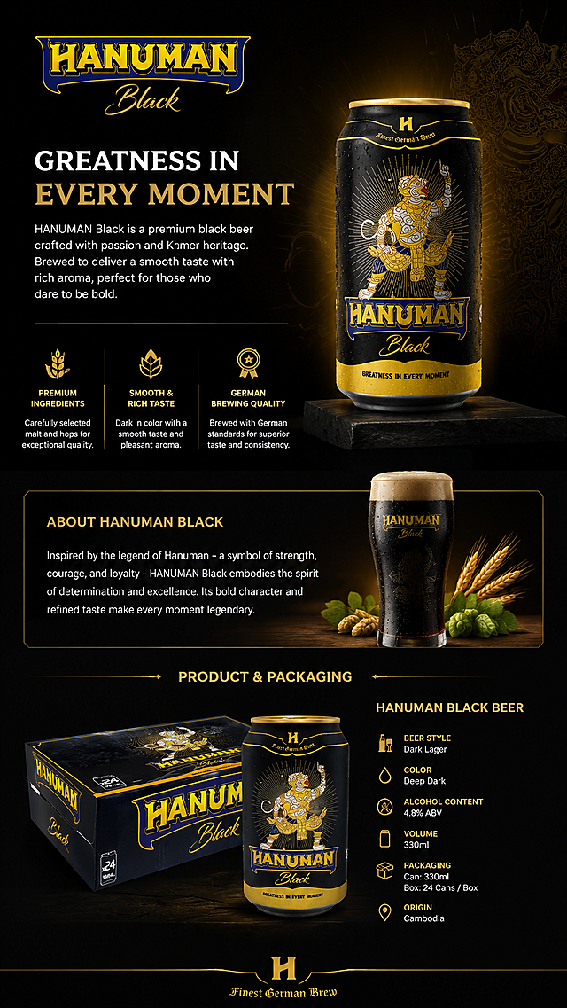 Generate a detailed English product introduction page for HANUMAN Black beer, featuring the single can and the 24-can packaging box, with clear English product introduction text, commercial product detail page layout, high-quality product photography style, maintain the original brand style.
