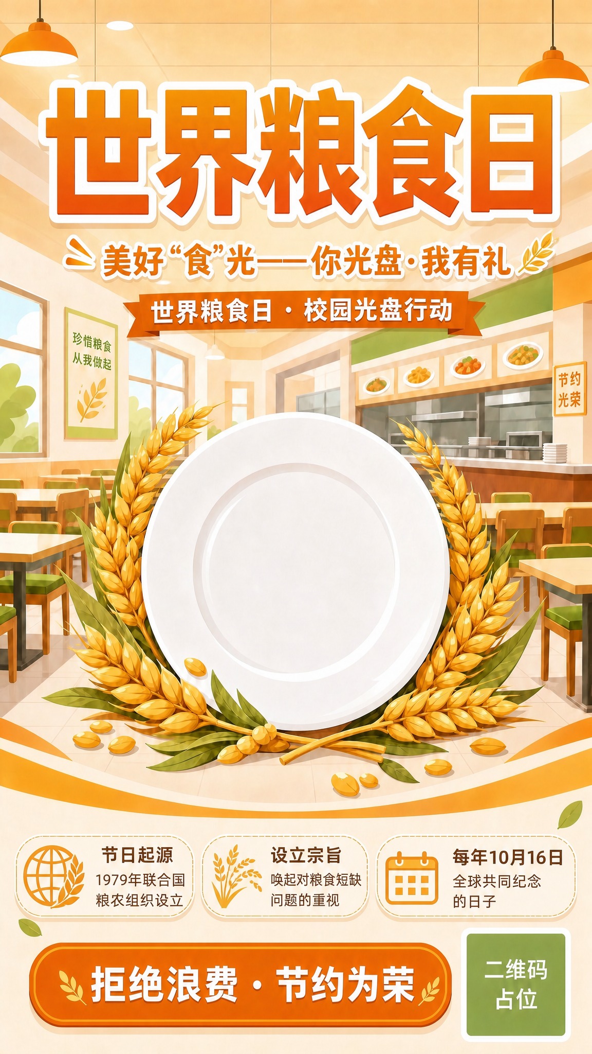 基于参考图修改海报，将底部三个圆形小图标标签替换为世界粮食日的… - 图片创意预览