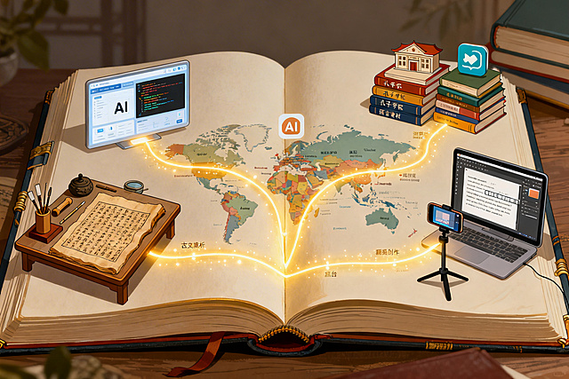 一本摊开的线装书，分出三条发光的路：向左，指向古籍修复台与AI文本分析界面；居中，穿过世界地图上的孔子学院与多语言教材；向右，连接短视频工作台与剧本创作软件。学问的生命力，正在于它能走向更广阔的世界。
