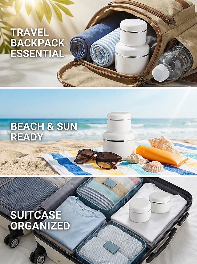 [主图 4] 便携分装盒多场景使用展示，三分格拼图构图，分别展示分装盒放入旅行背包、放在沙滩毛巾上、放进行李箱的场景，展示其便携性适配多种出行场景，产品外观与参考图一致，整体风格统一夏日清新，每个场景小图配对应英文卖点，不遮挡产品主体，构图平衡