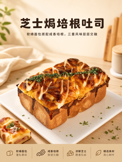 「图片1」「图片1」「图片1」「图片1」根据海报文案内容选取适当产品图片制作公众号长图产品名为：芝士焗培根吐司，文案：软绵面包搭配咸香培根，表层铺上芝士焗烤，三重风味层层交融。成品色泽金黄、香气浓郁，预览效果