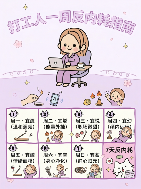 可爱简笔画风格，淡紫色软萌配色，标题是“打工人一周反内耗指南”，顶部有Q版可爱打工人形象，下方分7个格子对应周一到周日，每个格子都有燃香的小场景：周一格子写“周一 · 宜醒（温和调频）”搭配点香放舒缓预览效果