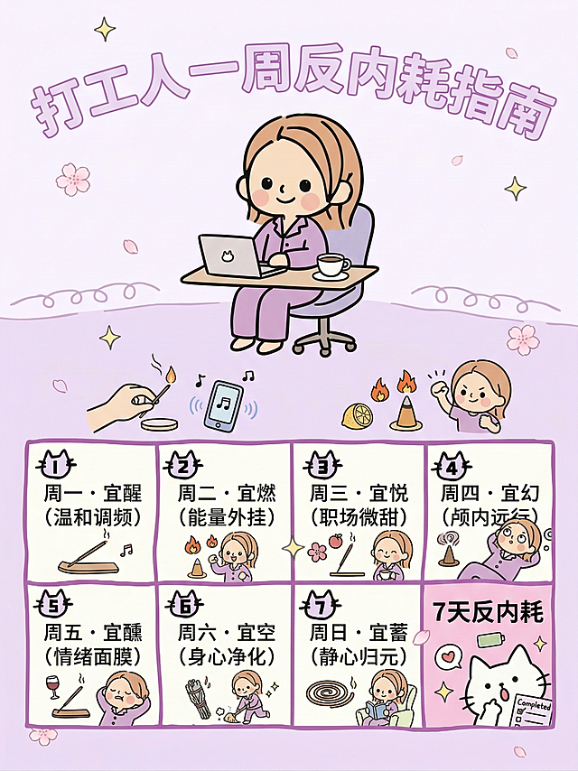 可爱简笔画风格，淡紫色软萌配色，标题是“打工人一周反内耗指南”，顶部有Q版可爱打工人形象，下方分7个格子对应周一到周日，每个格子都有燃香的小场景：周一格子写“周一 · 宜醒（温和调频）”搭配点香放舒缓音乐的小插画；周二格子写“周二 · 宜燃（能量外挂）”搭配点柑橘调香、元气握拳的小插画；周三格子写“周三 · 宜悦（职场微甜）”搭配点花果香、喝咖啡微笑的小插画；周四格子写“周四 · 宜幻（颅内远行）”搭配点木质香、放空发呆的小插画；周五格子写“周五 · 宜醺（情绪面膜）”搭配点酒香调香、放松瘫坐的小插画；周六格子写“周六 · 宜空（身心净化）”搭配点净化香、收拾房间的小插画；周日格子写“周日 · 宜蓄（静心归元）”搭配点安心香、看书休息的小插画，整体画风和参考图一致，软萌治愈，有小星星小花瓣装饰