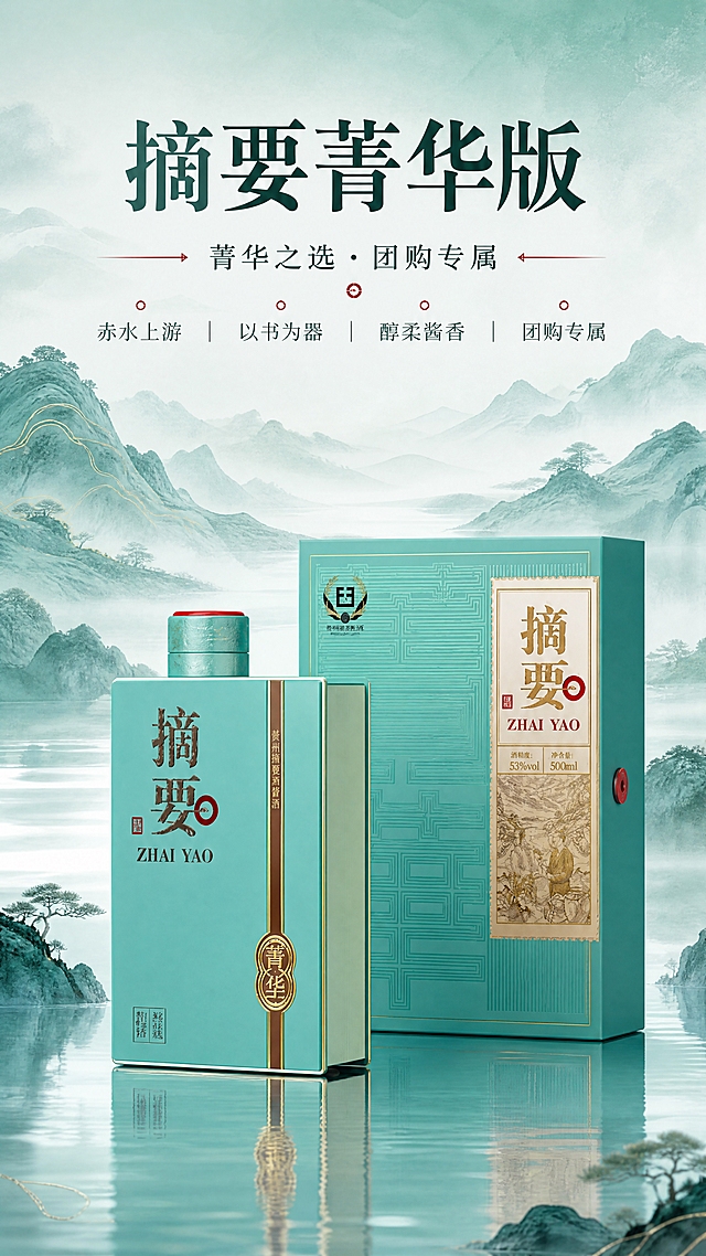 [商品] 使用【图1】摘要菁华版酱酒（青绿书本瓶型+青绿函套外盒）；保留瓶身"摘要"书法字、ZHAI YAO英文、红色印章元素、瓶侧竖条铜标与"菁华"葫芦标、瓶盖红顶、外盒正面"摘要"竖排书法与山水古画图案、53%vol 500ml标识、整体青绿色调与书本造型结构；商品处理：清晰化瓶身与外盒文字，增强哑光质感与金边细节，不改变造型、颜色和比例。
[画面] 目标：高端文化酱酒头图海报，奠定菁华之选团购专属调性。构图：上文下图，产品居中偏下占画面65%，瓶与外盒呈前后错落摆放，瓶身正面略侧15度展示立体感。前景：水面倒影与淡墨山水晕染；中景：产品主体置于浅水面/镜面台面上，底部有柔和倒影；后景：青绿色渐变远山云雾、水墨山峦层叠，≥3层环境层次。阅读动线：从上至下，先看标题再看产品。
[视觉] 套系策略：风格=东方雅致新中式高端商业摄影+水墨意境；标题字=宋体衬线粗体（书法气质）；正文字=简洁现代宋体；主色=摘要青绿（松石青/蒂芙尼青）；背景延展=基于青绿色做深浅层级、同色渐变、水墨晕染与宣纸纹理质感；强调色=朱砂红，仅用于小面积印章、引线、标签点缀；标题色=深墨青；正文色=中灰青；组件=细线引线、古籍函套纹底纹、山水装饰线；光影=左前侧柔和自然光，右侧轮廓光，整体通透雅致。
[文字] 顶部居中主标题：摘要菁华版（大字，书法宋体）；副标题：菁华之选 · 团购专属（中字，居主标题下方）；下方4个短卖点横排：赤水上游 · 以书为器 · 醇柔酱香 · 团购专属。文字区不遮挡瓶身正面与外盒主视觉。
[规格] 图片比例9:16竖版，4K分辨率，负向提示：避免变形、错字、文字过小、冷蓝/蓝灰背景、产品颜色改变、瓶身文字错乱、白底极简、二维码、平台Logo、绝对化用语。