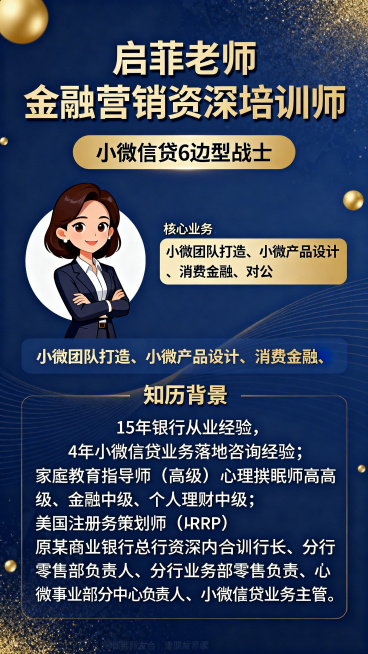 金融培训师个人宣传朋友圈海报，风格商务简约，深蓝色为主色调，搭配金色点缀。画面左侧放置卡通职业女性头像，形象专业干练。海报上方大字标题“启菲老师 金融营销资深培训师”，副标题“小微信贷6边型战士”。中预览效果