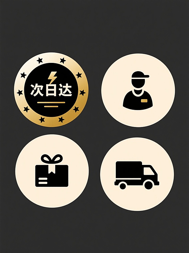 一组四个规整排布的圆形图标，每个图标采用纯色背景和现代简约的平面设计风格，整体色彩变换为统一的新色调，保持原有的金色星星装饰边框和黑色文字样式。第一个图标是"次日达"文字搭配闪电符号，第二个图标是快递员形象，第三个图标是包裹图案，第四个图标是货车图形，所有元素类目保持不变，形成同风格、同类目的系列素材集合。