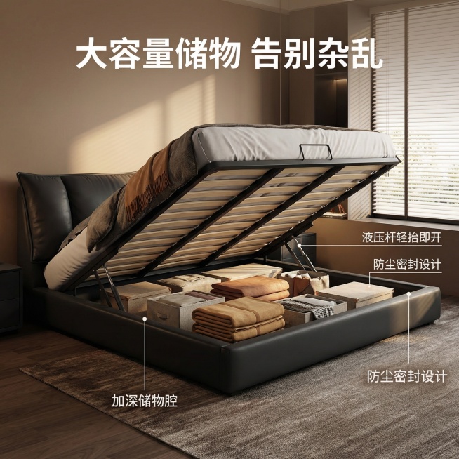 [垫图] 用户上传的产品图1；[主图主题] 真皮床大容量储物功能展示；[氛围/风格] 意式极简风格，暖调自然光，实用感突出；[画面元素] 黑色真皮床处于画面中心，床板抬起呈45°开启状态，内部储物空间预览效果