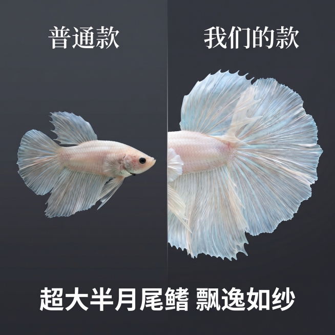 [主图 6] 泰国斗鱼尾鳍细节对比展示
[氛围风格] 直观对比，清晰突出产品优势
[画面元素] 商业摄影质感、光线柔和通透、产品清晰真实、画面干净高级。左右分栏对比排版，左图为普通泰国斗鱼小尾鳍，右图预览效果