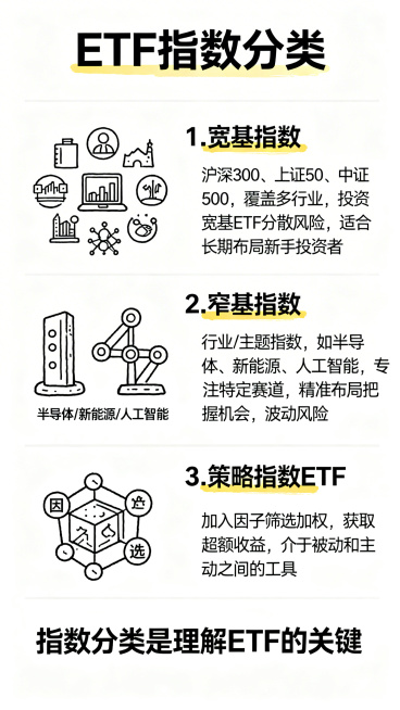 手绘卡通风格竖版信息图，介绍ETF指数分类：1. 宽基指数：沪深300、上证50、中证500，覆盖多行业，投资宽基ETF分散风险，适合长期布局新手投资者；2. 窄基指数：行业/主题指数，如半导体、新能预览效果