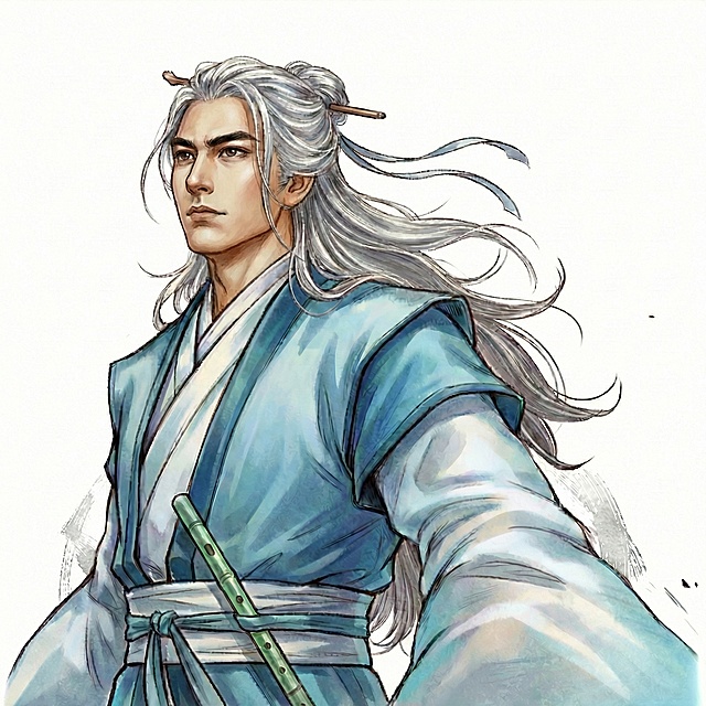 人物的表情和五官贴近男明星焦恩俊，年轻时的焦恩俊，头发变成白灰色