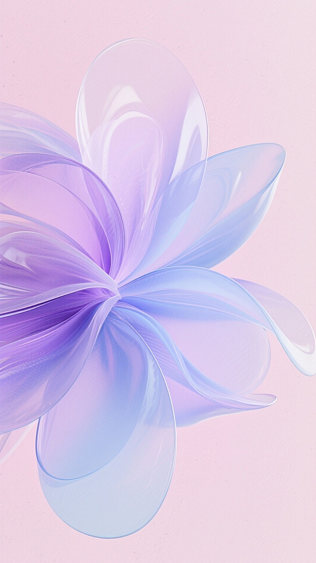 淡粉色为底色，梦幻流动透明花瓣（淡紫浅蓝渐变