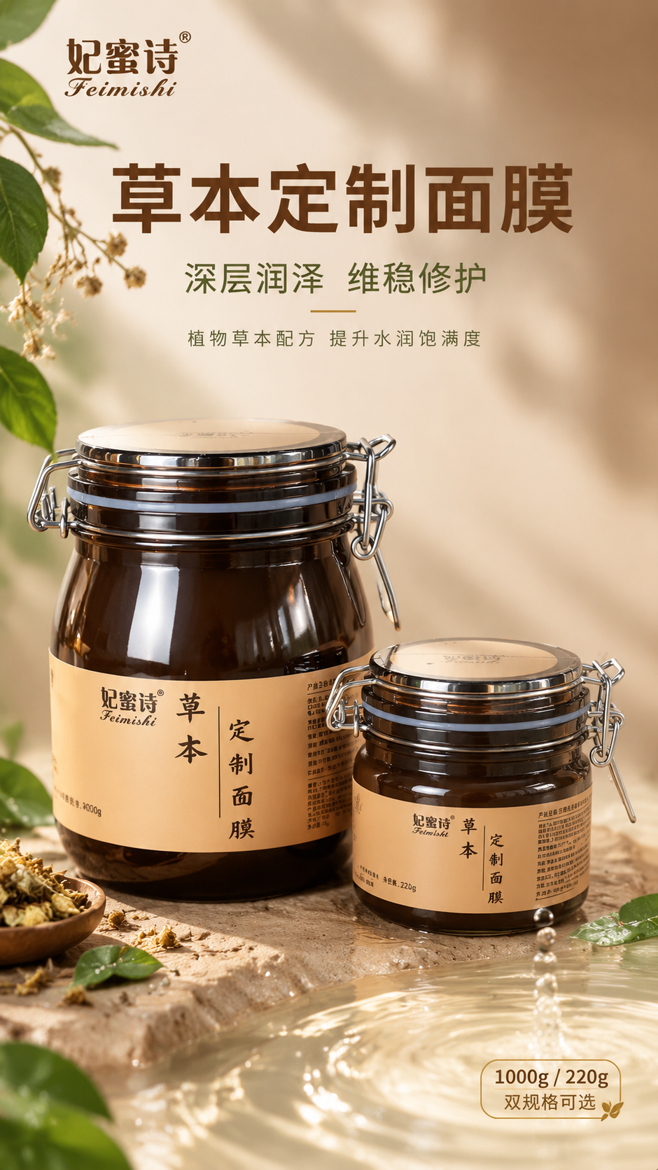 [主图-1] 首图品牌调性，突出妃蜜诗草本定制面膜的植物草本天… - 图片创意预览