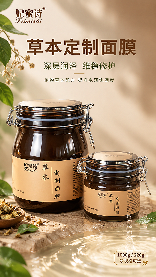 [主图-1] 首图品牌调性，突出妃蜜诗草本定制面膜的植物草本天然感与深层润泽功效，抖音9:16竖版主图。
[统一基调] 整体风格为天然植萃护肤风，高级柔光静物摄影质感。背景主色为温润大地棕与奶油米白渐变，点缀清新草本绿色。标题字色为深棕色，辅助字色为橄榄绿，强调色为琥珀金。字体为干净优雅的非衬线体，字号层级分明，主标题最大最粗，辅助文案缩小50%以上。整体画面通透自然，有清晨柔和自然光感。
[画面] 画面中央偏下位置同时展示1000g和220g两个规格的妃蜜诗草本定制面膜罐，大罐在左后，小罐在右前，形成前后层次感，产品完整不切割，主体占比约65%。产品外观与输入图一致：深棕色玻璃罐、金属卡扣密封盖、米黄色标签印有妃蜜诗Feimishi品牌名和草本定制面膜字样。背景为柔和的米棕色渐变，左上角有几片新鲜的草本绿叶和少量干花枝条自然垂落，右下角有几缕晶莹的水波纹和水滴元素，象征水润保湿。产品底部有柔和的接触阴影，自然不悬浮。左上角安全区放置妃蜜诗品牌Logo。
[光影质感] 商业美妆摄影质感，左侧45度柔光主光，右侧柔和补光，玻璃罐有自然高光反射，标签文字清晰，金属卡扣有金属光泽，整体光影柔和通透，体现产品高级质感。
[配色] 主色：大地棕、奶油米白；点缀色：草本绿、琥珀金；水滴透明质感。语义色绿色仅用于叶片和小面积点缀，不改变整体棕调主视觉。
[文字版式] 画面上半部分为文字区域，主标题大字竖排或横排居中："草本定制面膜"，下方副标题："深层润泽 维稳修护"，再下方小字："植物草本配方 提升水润饱满度"。右下角标注规格："1000g / 220g 双规格可选"。文字均放在负空间，不遮挡产品主体。
[输出要求] 比例9:16，文字清晰可读，产品清晰不变形，无错字，无杂乱背景，无水印，无平台Logo，无多余装饰元素。
