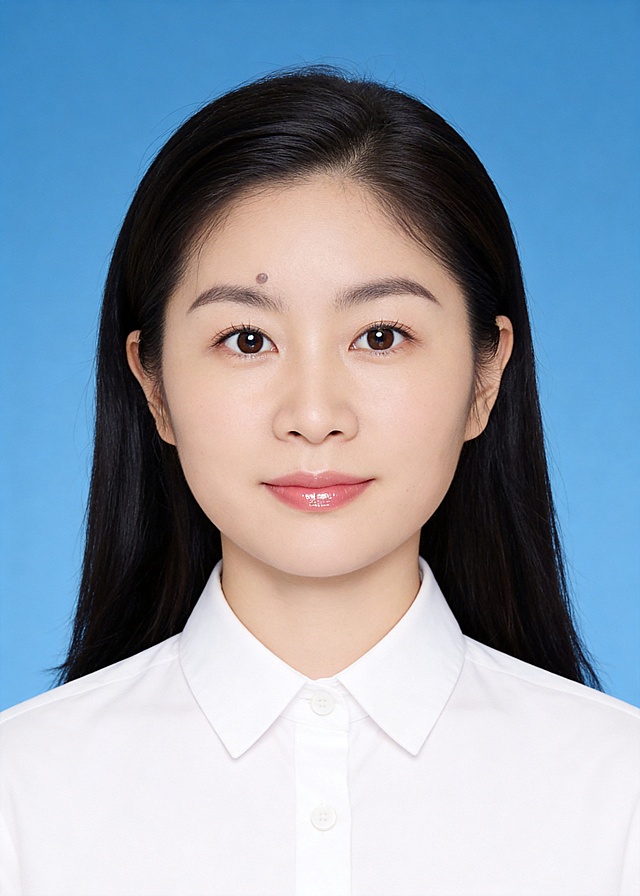 生成标准样式的证件照:参考第一张图保留人物脸型､年龄特征;参考第二张图的人物占位和比例;标准焦段50mm,纯正面胸像,提亮肤色,消除暗沉,轻度美颜,清透裸妆,隐形毛孔,均匀肤色,唇色自然提亮;头部发型完整,肤色白皙细腻,纯正面,头顶至上边缘有5%的距离,入境范围头部至胸部以上区域;人物居中,头顶距上边缘约10%,下巴距下边缘约30%,肩部平展,人物占比约画面的70%;均匀柔光,面部明亮无硬影,背景均匀提亮,画质清晰,零噪点降噪;表情自然柔和,嘴角微微上扬,面部清晰(脸部无遮挡);眼神澄澈看向镜头,淡妆,肤质白皙细腻;冷调白皙,极淡裸粉哑光眼影打底,极细内眼线填充睫毛根部,大直径深棕色带细微高光点的自然款美瞳;边缘模糊无生硬轮廓;唇妆:镜面水光唇釉,唇形饱满､唇峰清晰､唇面透亮光泽,唇周无晕染;身穿净白色翻领衬衫,白色纽扣,款式经典正式;均匀柔光,面部明暗过渡自然(无硬阴影､无高光反光点);面部亮度高于背景10%,突出人像主体;去除人物之外的所有元素,头部发型完整;纯净蓝色纯色背景(无任何杂物､纹理､渐变);背景亮度均匀统一(无明暗差异);高清锐利画质,细节清晰可见;零噪点处理(无颗粒感);色彩还原自然(无偏色),严格按照第一张图内容生成｡