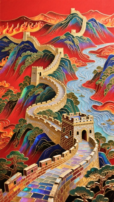 长城+山河，红色背景预览效果