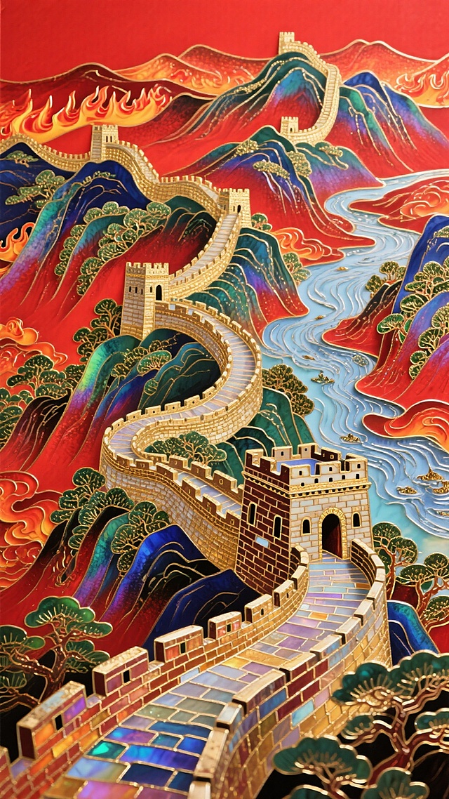 长城+山河，红色背景