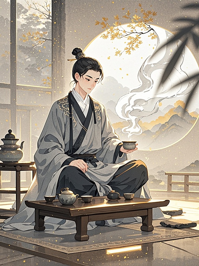 古典中式插画，水墨风格渲染，人物优雅品茶，背景静谧唯美，尽显文艺气息。