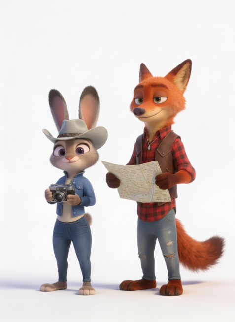 更改兔子朱迪和狐狸尼克的服装、配饰以及手上的东西，除此之外其他细节和参考图保持一致，包括动作、表情等细节。生成20张图，每张图的服装配饰和手上的东西都要不一样预览效果