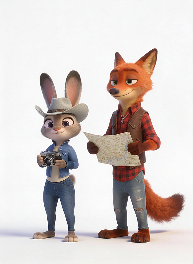 更改兔子朱迪和狐狸尼克的服装、配饰以及手上的东西，除此之外其他细节和参考图保持一致，包括动作、表情等细节。生成20张图，每张图的服装配饰和手上的东西都要不一样