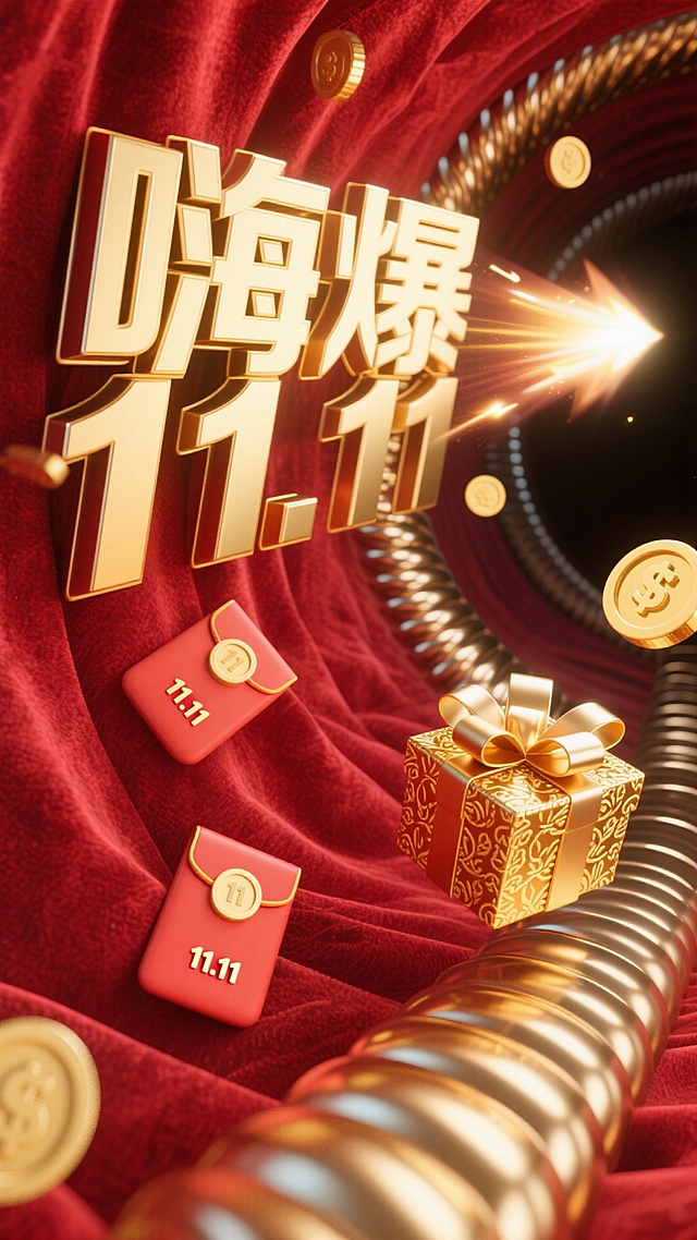 3D重拟物风格，鎏金金属质感与红绒面料交织，营造奢华喜庆的双十一促销氛围，金币、红包与礼盒动态飞舞，强化节日狂欢感。