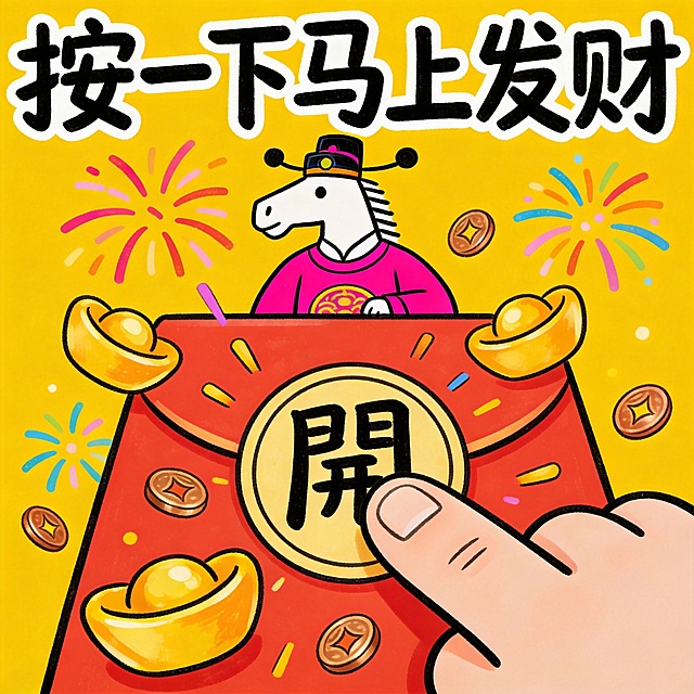 国潮风插画，拟人化马戴官帽坐镇红包，卡通手按“开”字，金元宝、烟花环绕，喜庆感十足，寓意新年发财。