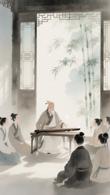 彩绘插画海报，中国古典书院内，一位身着汉服的老先生正在抚琴，一群学子围坐聆听，窗外有翠竹摇曳。工笔画风格，细腻的线条，淡雅的上色，宁静致远，文雅。预览效果