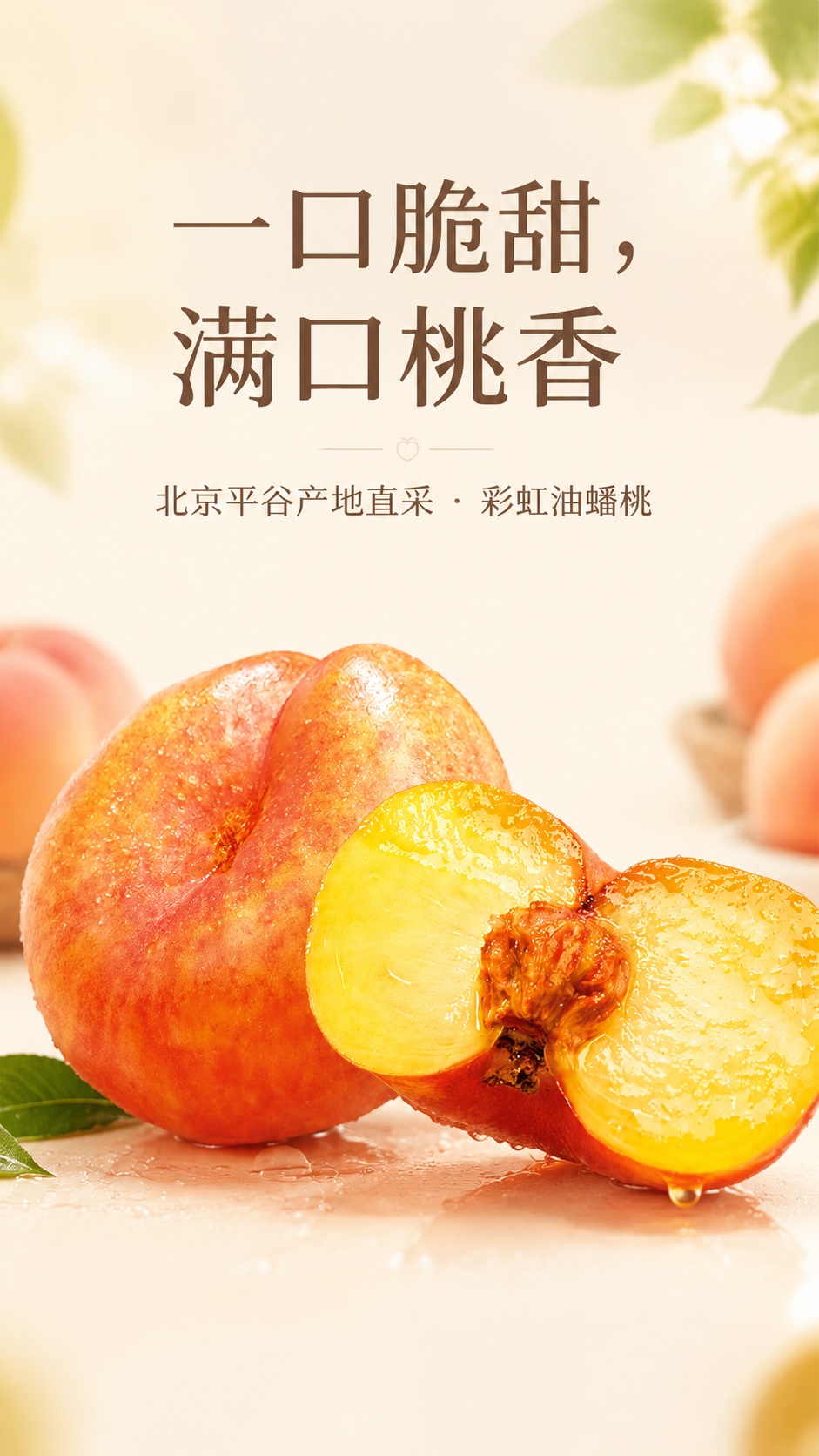 [第1屏] 详情页首屏-北京平谷彩虹油蟠桃产品宣传图，展示带水… - 图片创意预览