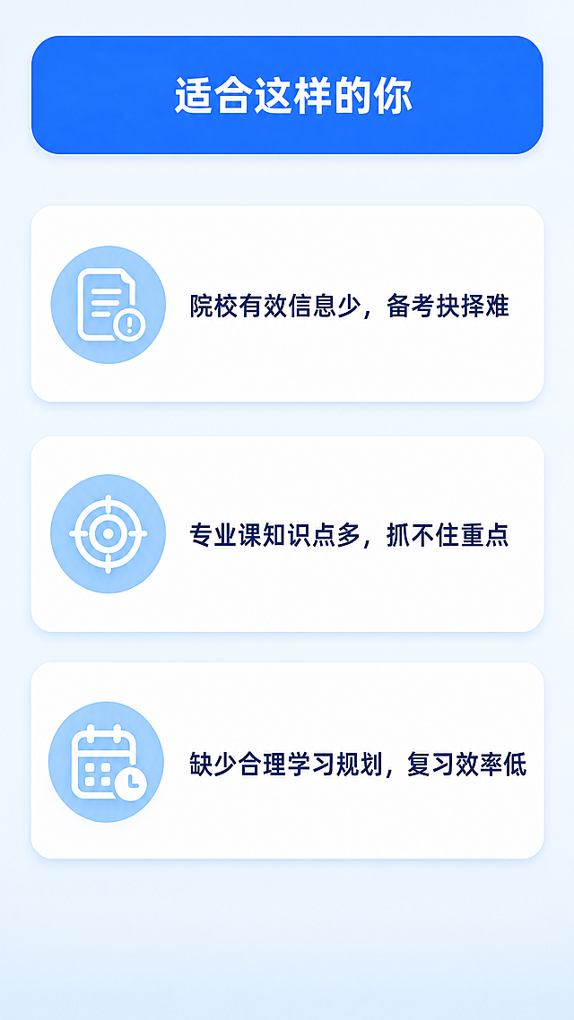 [第2屏] 考研备考痛点分析页面，目标人群匹配。参考原图1的蓝白风格和卡片版式，保持设计语言统一。
[氛围/风格] 专业清新，明快通透，卡片式分区设计，信息层级清晰，符合教育产品调性。
[元素布局] 页面顶部蓝色圆角栏放置大标题"适合这样的你"，标题下方垂直排列三个痛点信息卡片，每个卡片左侧带圆形图标，右侧放痛点文字，卡片之间留白均匀，上下预留足够边距符合移动端浏览。
[光影质感] 卡片区域白色背景带柔和阴影，文字对比清晰，整体光照均匀，阅读舒适。
[配色色系] 全局底色：浅蓝渐变背景；标题栏：蓝色#165DFF；卡片：白底深蓝色文字；图标：浅蓝色填充配白色icon。配色保持和第1屏完全一致统一。
[视角构图] 竖向9:16构图，通栏卡片设计，信息从上到下依次排列，每页一个核心主题，阅读动线清晰。
[文字版式] 主标题"适合这样的你"，白色大字居中；三个痛点分别是：1. "院校有效信息少，备考抉择难" 2. "专业课知识点多，抓不住重点" 3. "缺少合理学习规划，复习效率低"，每个痛点一行深蓝色文字，字号适中移动端清晰可读。
[比例分辨率] 9:16竖版比例，4K分辨率，文字清晰可辨，超高清。
[负向提示词] 文字错乱，文字模糊，颜色偏差，水印，变形，背景杂乱，结构错误