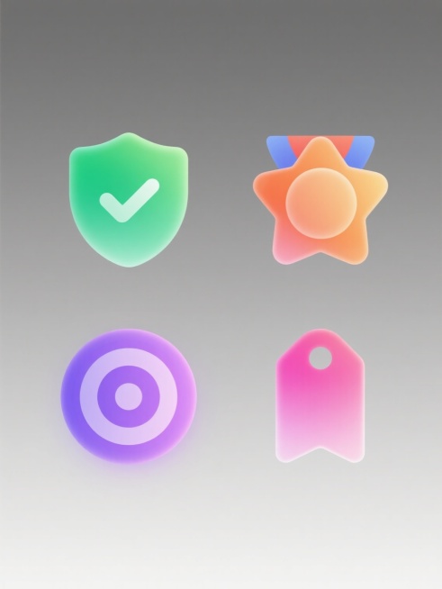 一组4个同风格系列素材的规整排布设计，每个素材均为简约现代的2D图标风格，采用半透明渐变色彩填充，柔和的边缘处理，无明显阴影但有微妙的层次感，纯色背景。第一个图标为绿色渐变的对勾盾牌，第二个为橙色渐变的星形奖章，第三个为紫色渐变的圆形靶心，第四个为粉色渐变的旗帜标签，所有图标保持相同的视觉重量和设计语言，整齐排列成2x2网格布局。预览效果