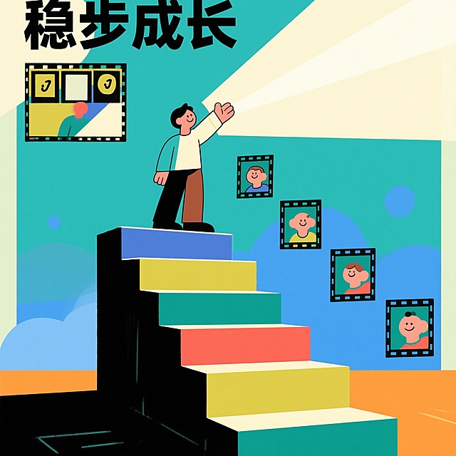 一个人站在阶梯顶端，伸手向光，背后有前六个画格的缩影符号，表情自信，上方有黑色文字“稳步成长”。所有人物采用扁平化插画风格，线条简洁，色彩鲜明。风格是扁平插画，比例是16:9。