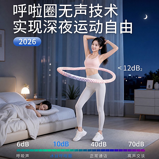 更换背景为现代简约的卧室夜景场景，深蓝色渐变夜空搭配柔和的月光，房间内有白色纱帘和简约家具，营造安静深夜的氛围。模特更换为另一位25岁左右的亚洲女性，高马尾黑色长发，瓜子脸甜美笑容，身穿浅粉色运动背心和浅灰色瑜伽裤，姿势保持不变——正面站立双手举过头顶整理头发，粉色格子软呼啦圈在腰间转动，白色运动鞋。顶部"呼啦圈无声技术 实现深夜运动自由"大字标题、"2026"蓝色标签全部保持原样。左下角睡觉的女性、分贝对比图（6dB呼吸声/10dB冰丝呼啦圈/40dB正常通话/70dB高声交谈）、<12dB₂标识全部保持不变。商业摄影质感，高清真实，夜晚柔和光线。