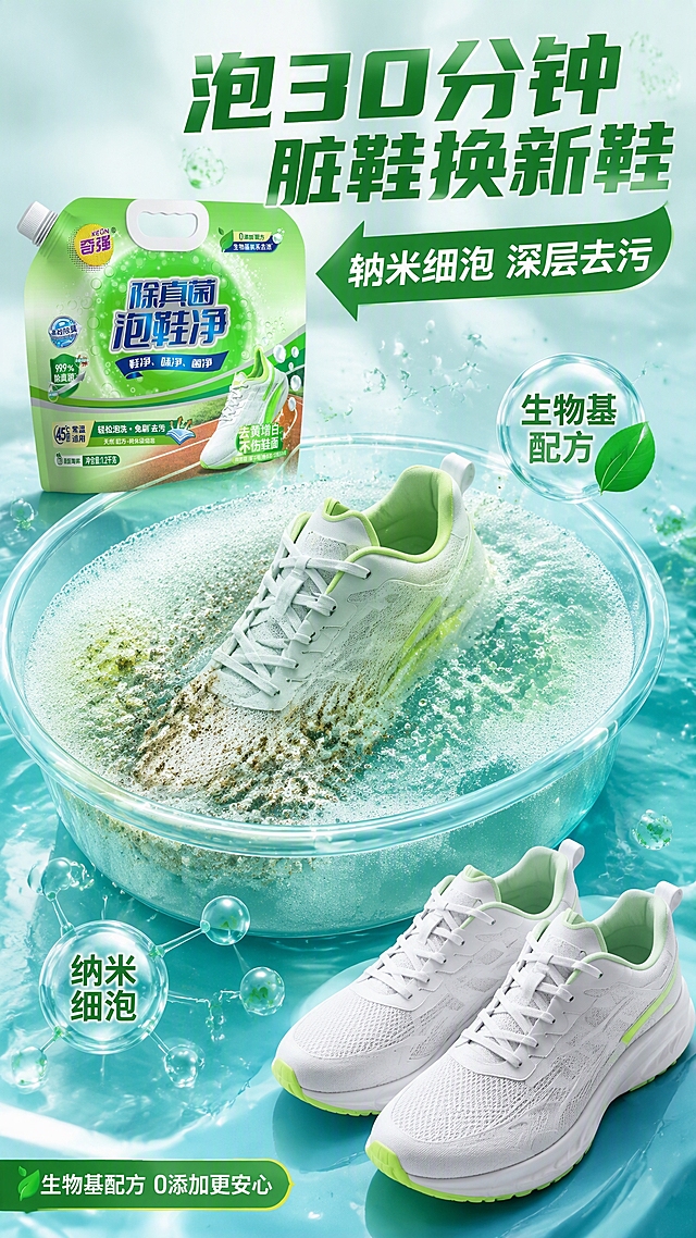第3张 详情页效果演示页，奇强泡鞋净，浸泡去污过程可视化。使用图1作为商品主体。
抖音快手竖版，实验演示，科学可信，清新绿科技感。
画面中央一盆清水，白色运动鞋浸泡其中，周围丰富纳米级细泡，污渍从鞋面分解浮出。产品袋左上占20%，外观与输入图一致。旁边放着另一双泡完洁白的鞋子做对比。周围分子小球、生物基配方元素。
水下柔光，气泡有光泽，干净清新有冲击力。
背景浅蓝绿渐变，水透明蓝绿色，泡沫白色，主色清新绿。
顶部大标题「泡30分钟 脏鞋换新鞋」粗黑体深绿；旁侧标注「纳米细泡 深层去污」箭头标签；底部小字「生物基配方 0添加更安心」。
9:16竖版，4K高清。
负向：变形，错字，模糊，杂乱，水印，价格。