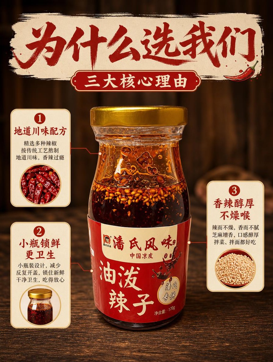 [商品] 使用【图2】潘氏风味油泼辣子玻璃瓶装；保留瓶身全部标… - 图片创意预览
