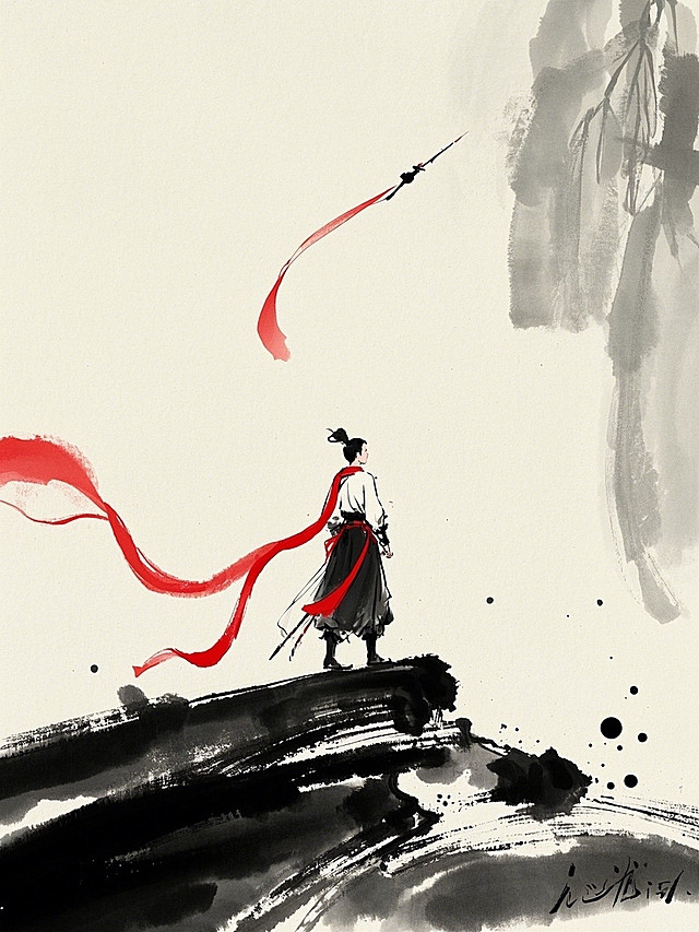 水墨风古典人物，红绸飘逸，中式意境深远，笔触简洁有力。