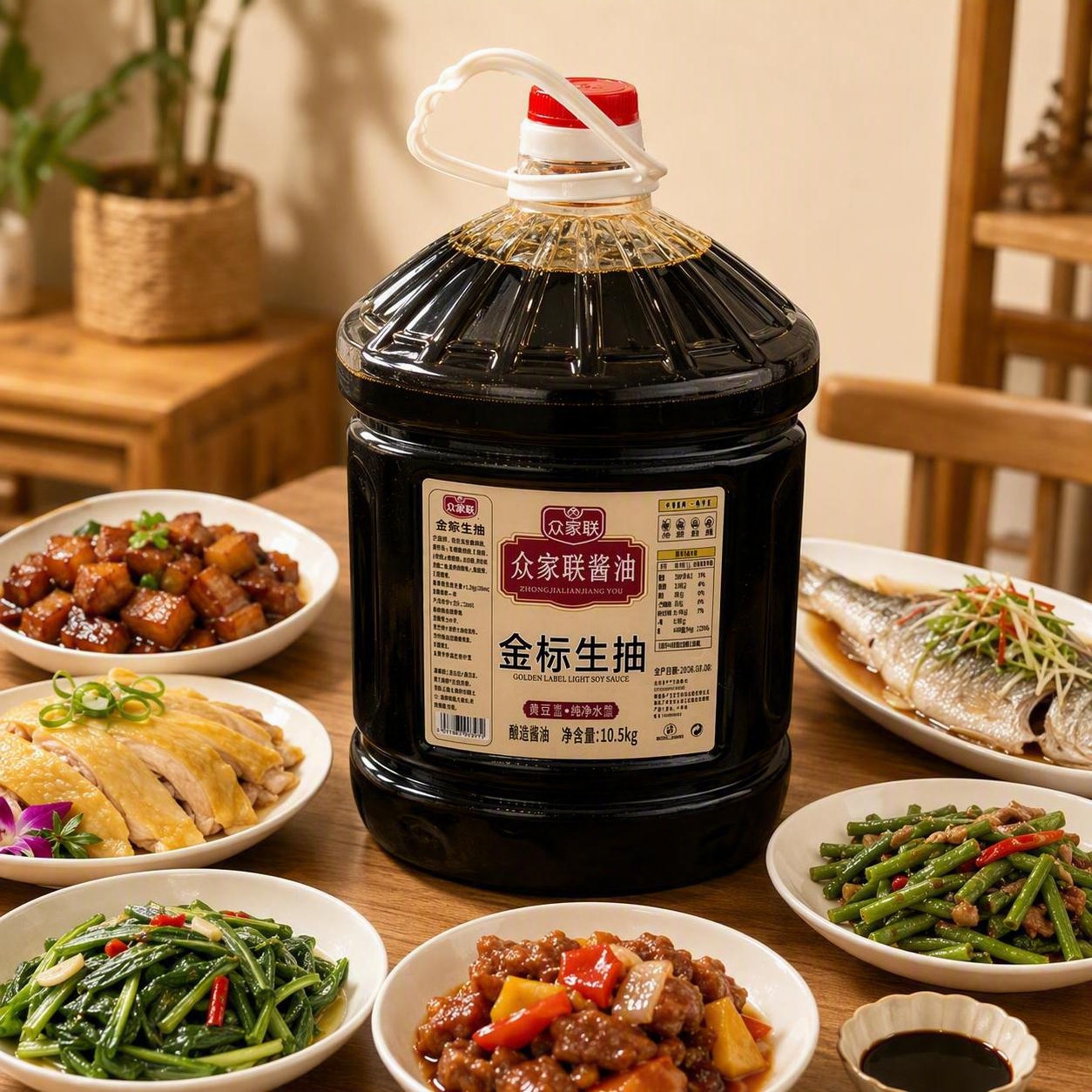 大桶酱油（约二十斤装）严格参照第一张上传产品图，完整保留所有可… - 图片创意预览
