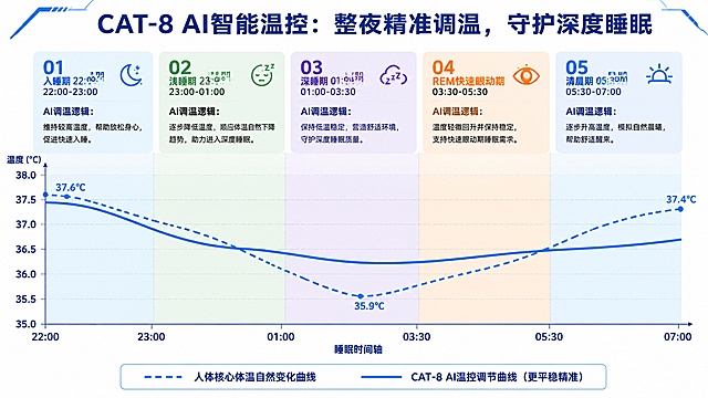 专业数据报告图表，横向为睡眠时间轴从22:00到07:00共9小时，纵向为温度变化轴单位摄氏度。绘制两条对照曲线：一条是人体核心体温自然变化曲线（入睡前较高约37.6℃，入睡后逐渐下降，深睡期最低约35.9℃，清晨回升至37.4℃，用蓝色虚线表示），另一条是CAT-8 AI温控调节曲线（更平稳精准的温度控制曲线，波动更小，用蓝色实线表示）。图表上方有5个睡眠阶段卡片：01入睡期(22:00-23:00)浅蓝色、02浅睡期(23:00-01:00)浅绿色、03深睡期(01:00-03:30)浅紫色、04 REM快速眼动期(03:30-05:30)浅橙色、05清晨期(05:30-07:00)浅蓝色，每个卡片内有AI调温逻辑说明文字。图表区域用对应颜色的半透明背景区分5个阶段。底部有图例说明两条曲线。标题为"CAT-8 AI智能温控：整夜精准调温，守护深度睡眠"。所有文字字体清晰锐利，字号足够大，高对比度，确保每个字都清晰可读。图表风格简洁专业，科技感蓝色调，白色背景，矢量图质感，数据可视化报告风格