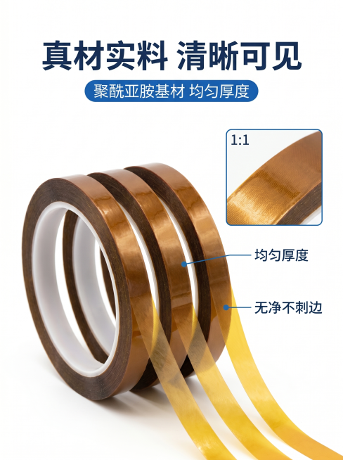 [主图-3] 金手指胶带材质与工艺细节展示。
[氛围风格] 专业细节展示，和整套风格保持统一；
[画质] 微距清晰质感，表面纹理、切口细节锐利清楚。
[元素] 主画面展示三卷金手指胶带规整平铺在白色背预览效果