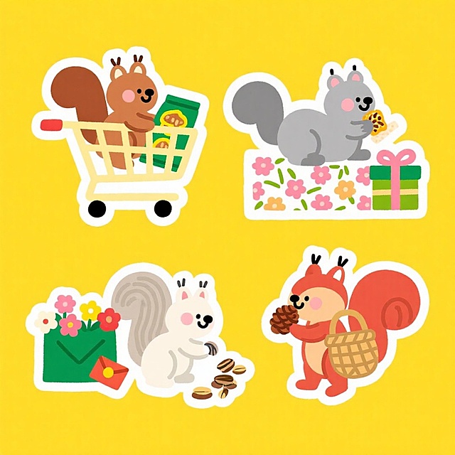 4个物品组合，白色描边，整齐排列（上下两行）。1. 棕松鼠坐浅黄购物车，装满绿黄包装的果干；2. 灰松鼠躺碎花礼物盒堆上，吃零食；3. 白腹松鼠捡地上的绿底红包，旁摆鲜花；4. 红尾松鼠嘴塞松果，背藤编袋，坚果快掉落。黄色背景，高饱和配色。