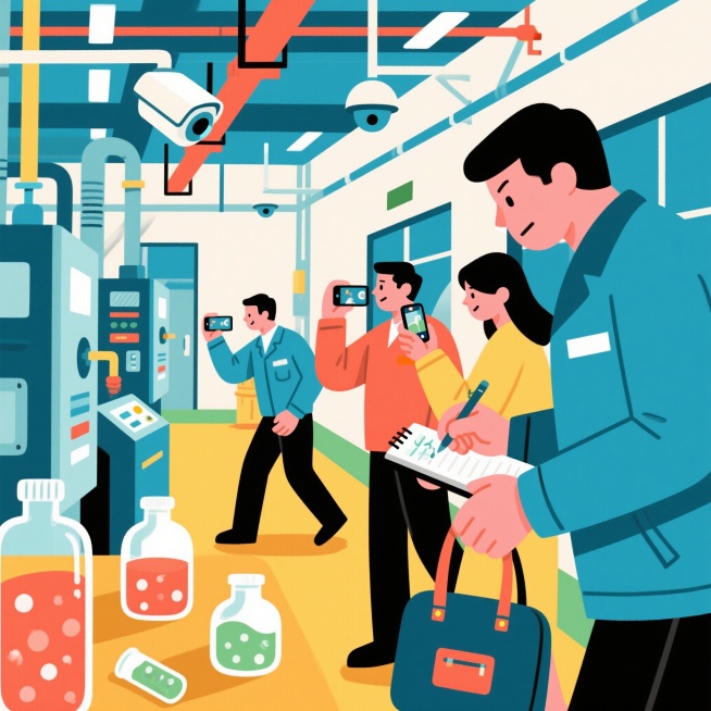 漫画风格，在浙江台州某生物材料公司的涉密生产车间内，几名穿着外协工作服的人员正在秘密行动，其中内部员工带领两名竞争公司人员躲避监控，他们拿着手机对生产设备、工艺配方进行偷拍录像，有人在笔记本上快速记录预览效果