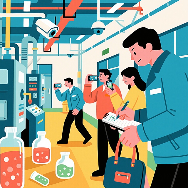 漫画风格，在浙江台州某生物材料公司的涉密生产车间内，几名穿着外协工作服的人员正在秘密行动，其中内部员工带领两名竞争公司人员躲避监控，他们拿着手机对生产设备、工艺配方进行偷拍录像，有人在笔记本上快速记录，还有人偷偷收取关键助剂样品放入包中，车间环境工业风，氛围紧张隐秘，扁平漫画风格