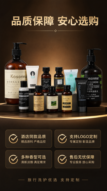 [第8屏] 信任收尾-品质保障服务宣传。本屏使用【图1】产品作为主体。
[氛围/风格] 品牌质感风，深棕浅金搭配，高级稳重，可信可靠。
[元素布局] 画面上半部分居中放置整套旅行洗沐套装产品，保持原产预览效果