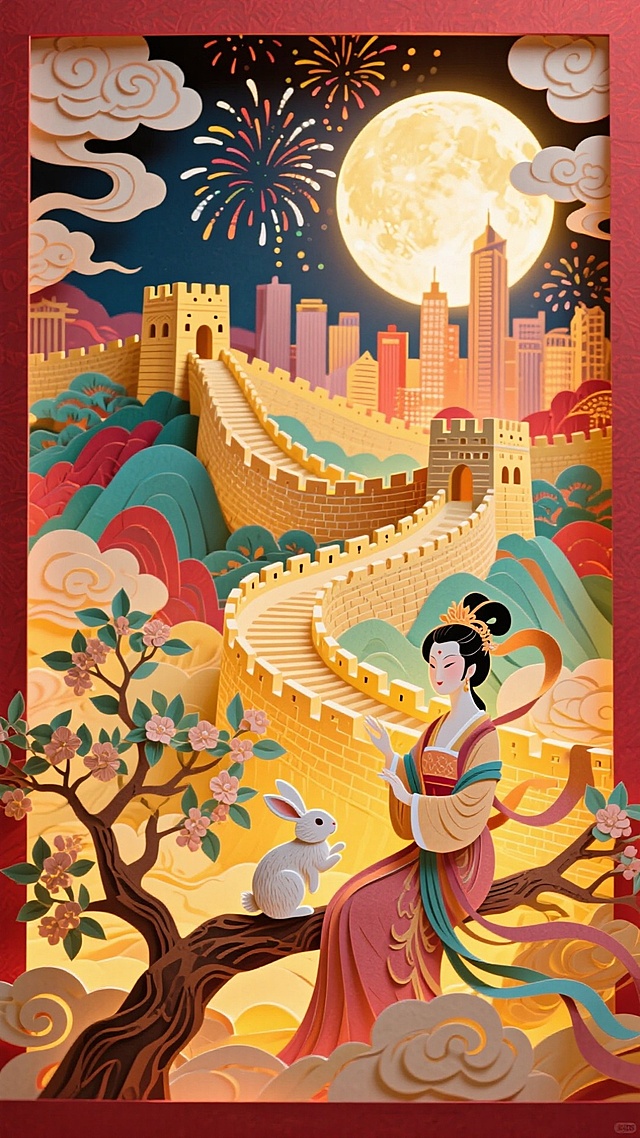 纸雕艺术，嫦娥，玉兔坐在桂树上，有蜿蜒的长城和城市建筑剪影，周围环绕祥云，天空中挂着圆月，整体呈现喜庆繁华景象