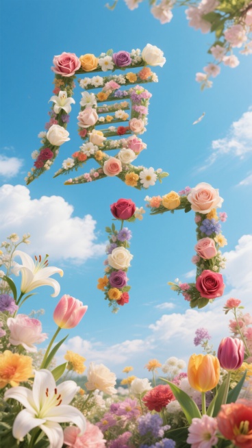 由鲜花构成的文字“厦门”，蓝天白云，春天，天空透明干净预览效果