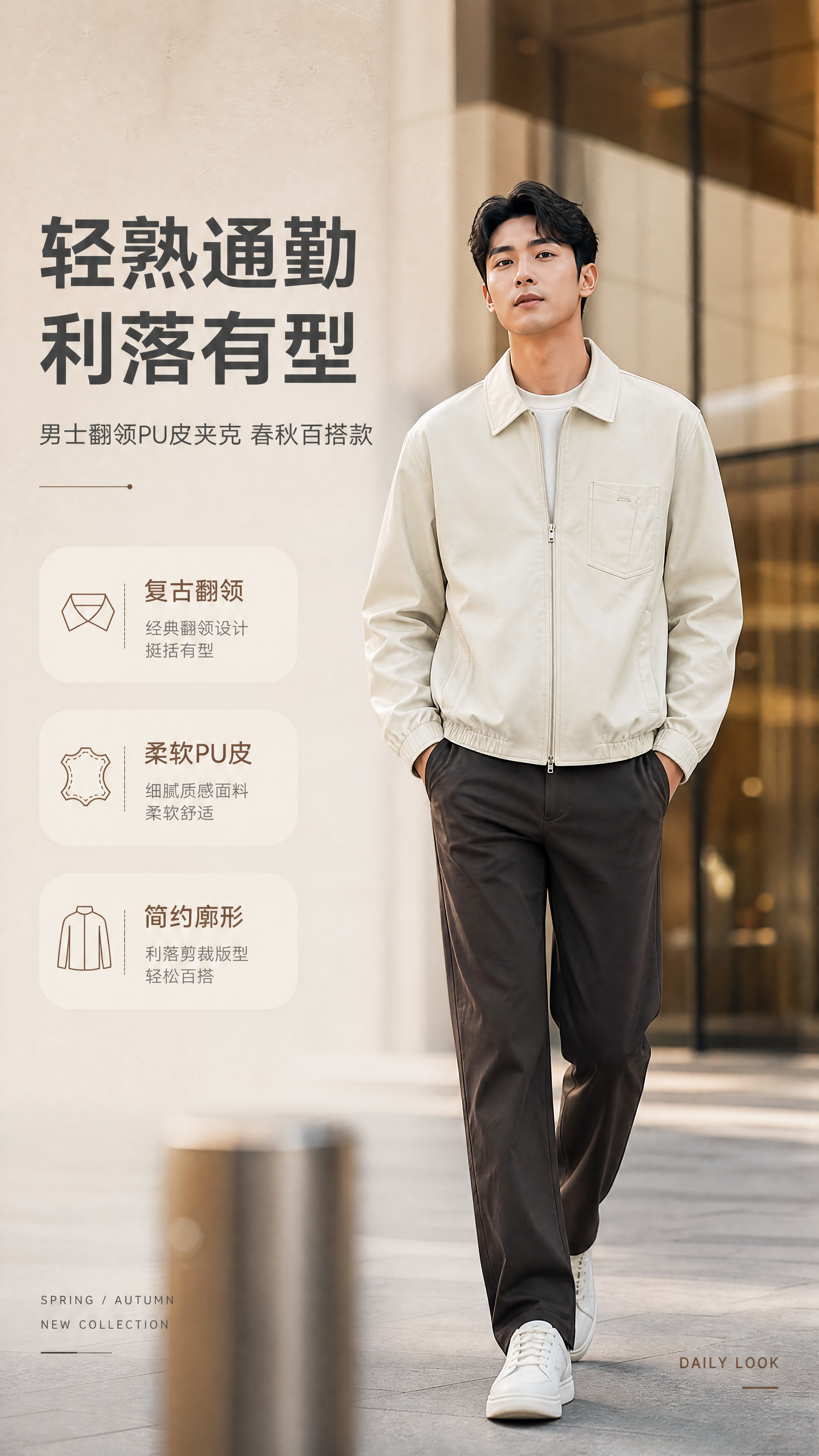 [商品] 使用【图1】米白色翻领PU皮夹克；商品处理：保留翻领… - 图片创意预览