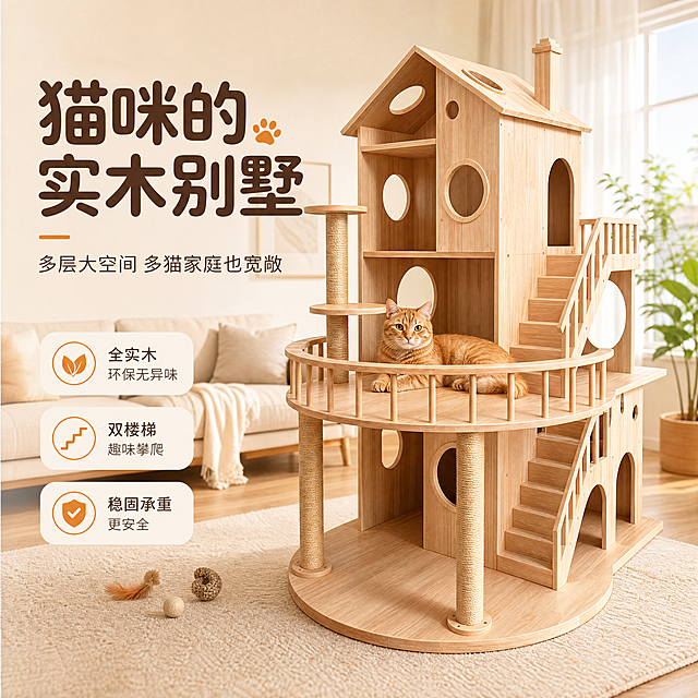 [商品] 使用【图1】实木别墅猫爬架；保留整体多层别墅结构、双楼梯设计、圆形洞口、拱形门洞、阳台护栏、剑麻柱、烟囱屋顶、原木色实木材质与木纹纹理；商品处理：保留所有结构部件与比例，增强实木纹理质感与边缘光滑度，去除轻微灰尘与瑕疵，不改变产品造型、颜色和结构。
[画面] 目标：氛围头图，第一眼打动养猫人群，突出实木别墅猫爬架的高颜值与大空间。构图：左文右图，产品位于画面右侧占比约65%，置于温馨明亮的北欧风客厅中，背景有浅色沙发、绿植、木地板与柔和自然光，前景铺浅色地毯，一只橘猫慵懒趴在阳台层。景别：全景，产品完整入镜，角度微仰视凸显大气。阅读动线：左上标题→左下卖点→右侧产品主体。前中后景：前景地毯与猫咪玩具、中景猫爬架与猫咪、后景客厅家具与窗光。
[视觉] 套系策略：风格=温馨治愈原木风商业摄影；标题字=圆润粗黑体；正文字=简洁无衬线体；主色=原木浅棕+米白；背景延展=基于原木浅棕与米白做深浅层级、同色渐变和细腻木纹/织物质感；强调色=暖橘色，仅用于小面积图标、引线和标签；标题色=深棕褐；正文色=中暖灰；组件=圆角浅底信息卡、细线引线、猫爪小图标；光影=左前侧暖柔光，窗边自然光感，阴影柔和。
[文字] 左上留白放主标题「猫咪的实木别墅」，副标题「多层大空间 多猫家庭也宽敞」，下方3个短卖点：①全实木环保无异味 ②双楼梯趣味攀爬 ③稳固承重更安全。文字区不遮挡产品主体与关键结构。
[规格] 图片比例1:1方版，4K分辨率，负向提示：避免变形、缺件错件、颜色改变、文字过小、冷蓝灰背景、极限词、二维码、平台Logo、水印、竖排文字。